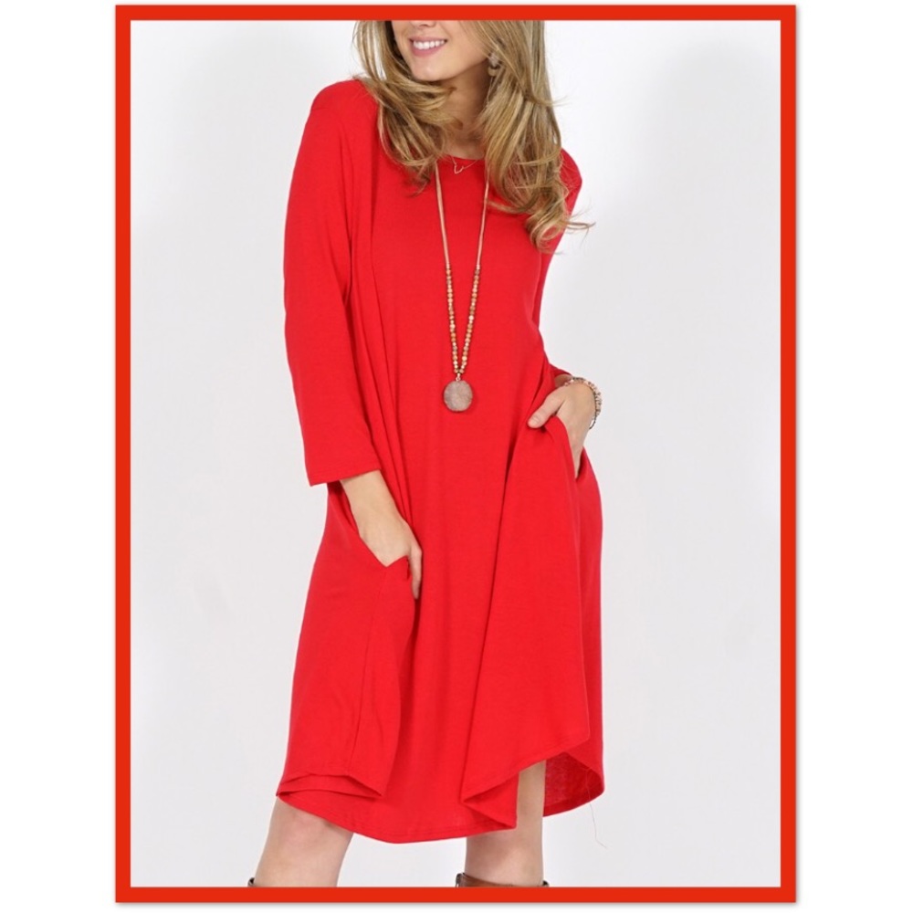 Zenana Knit Pocket Midi Dress In Red - M